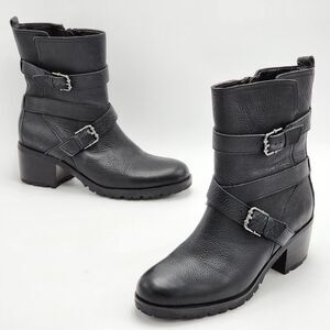 Aerosoles Get Set Motorcycle Leather Boots Buckle Straps Black Size 10
